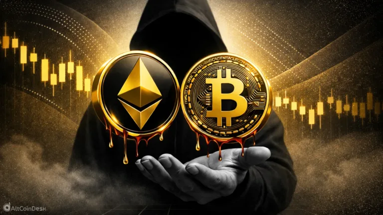 BTC and ETH ETFs symbolized by Bitcoin and Ethereum coins melting amid market downturn and investor uncertainty