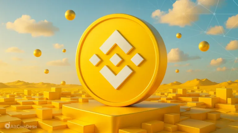 Binance logo displayed as a golden coin in a digital desert landscape.