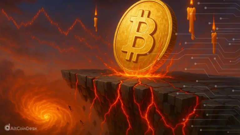 Dramatic illustration of a Bitcoin coin on a crumbling cliff, symbolizing volatility amid Peter Schiff Bitcoin pyramid scheme criticism.