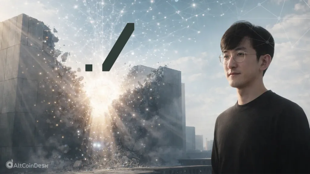 Decentralized AI concept showing a man observing a centralized structure breaking apart into a distributed network