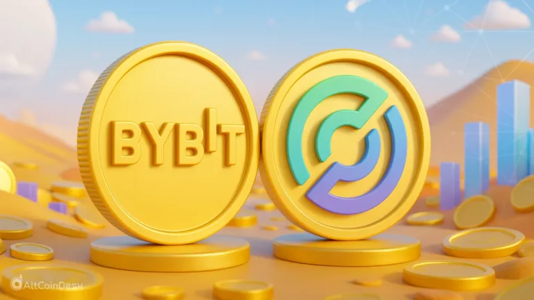 Bybit secures partnership with Circle illustrated by two gold coins featuring the Bybit and Circle logos.