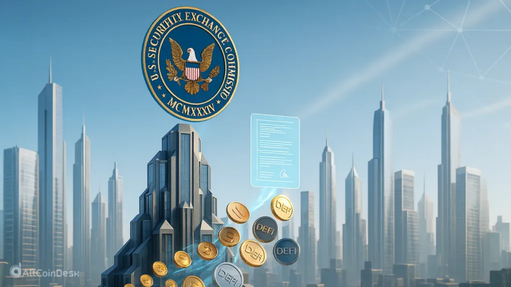 SEC imagery with digital coins representing DeFi platforms and tokenized assets.