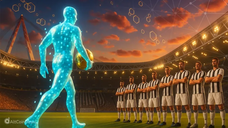 Tether bid for Juventus football club shown as a digital player confronting Juventus’ legacy team.