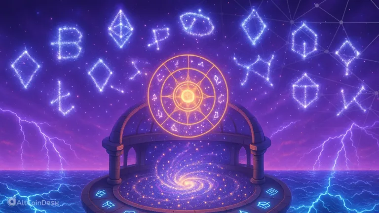Western zodiac forecast illustration showing crypto symbols as constellations above a celestial zodiac wheel.