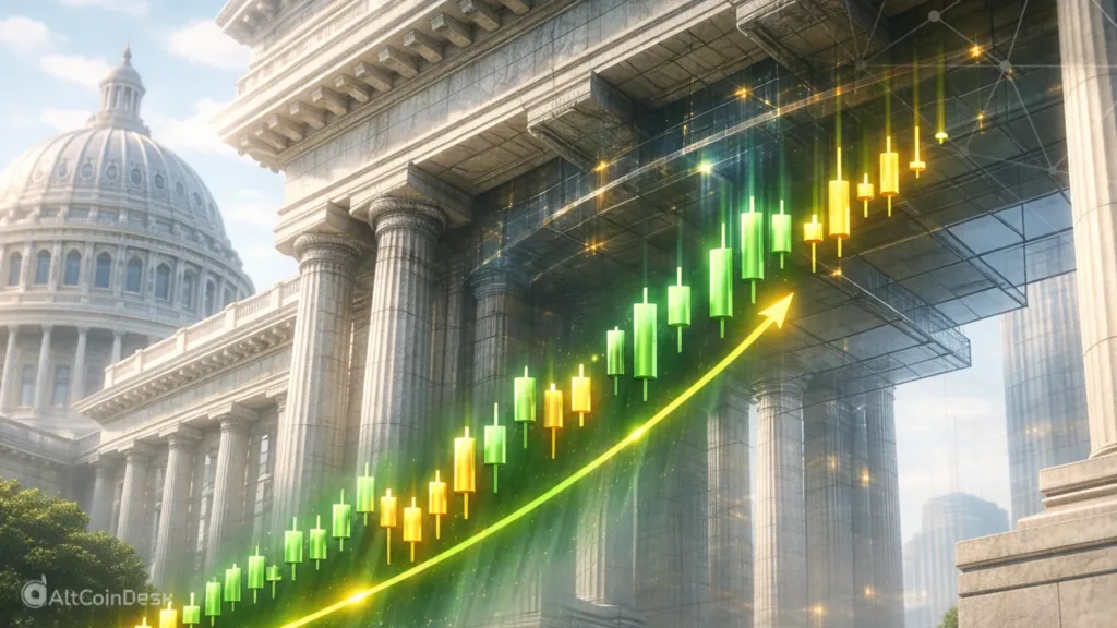 Crypto chart looks bullish with rising candlesticks set against a government building backdrop.