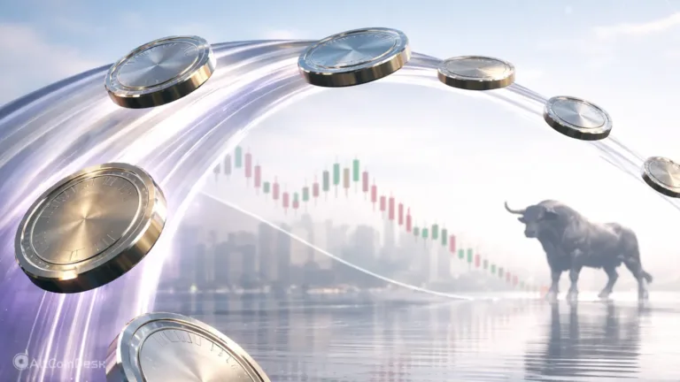 Crypto market cap visual showing coins arcing downward over price charts, signaling a market correction