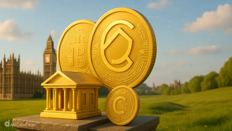 Illustration of the UK’s crypto property law showing digital coins and a government building near Big Ben.