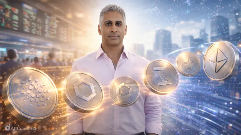 Altcoin ETFs visual showing digital asset coins floating around a financial expert, symbolizing growing altcoin adoption