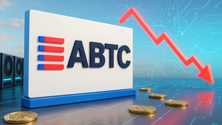 American Bitcoin (ABTC) logo with a red downward trend arrow showing a sharp stock decline.
