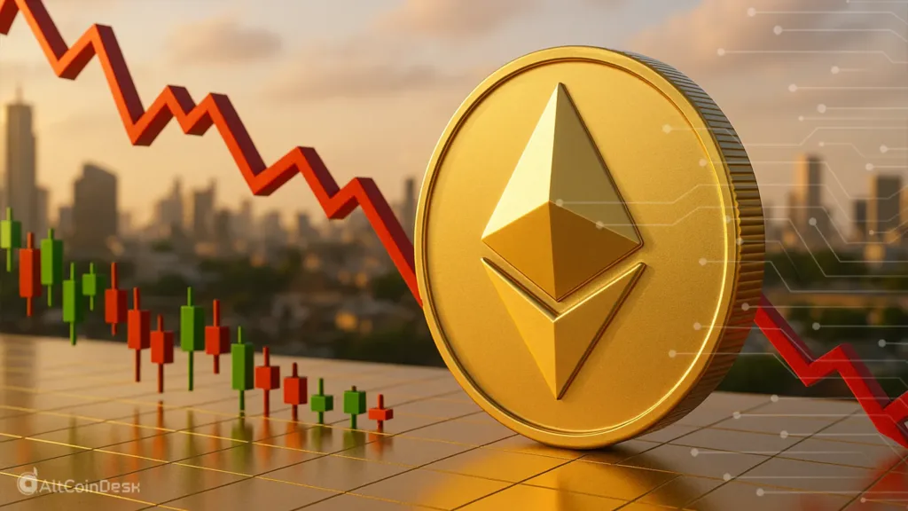 Ethereum slips to $2,800 shown as a falling ETH coin beside a declining market chart.