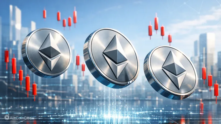 Three silver Ethereum coins floating against a backdrop of red and green stock market candles and a modern city skyline, illustrating how Ethereum slips to 6-month low.