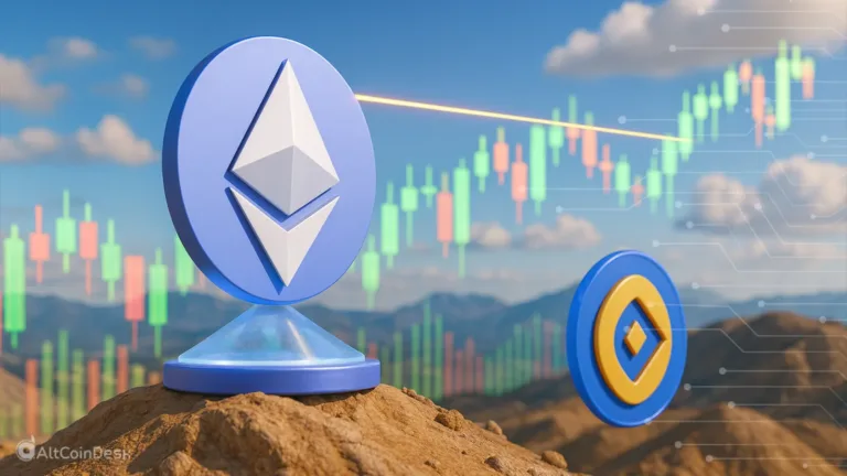 Ethereum stumbles upon key resistance level shown by ETH symbol against a price chart with rising and falling candles.