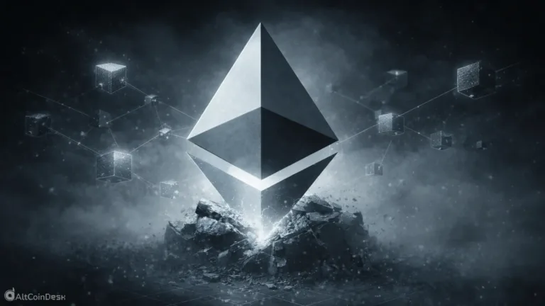 Launch of Ethereum symbolized by the Ethereum logo emerging as a connected blockchain network foundation