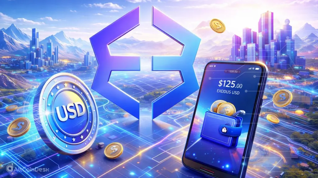 Exodus stablecoin launch visual showing Exodus Pay wallet with USD-backed digital assets and payments