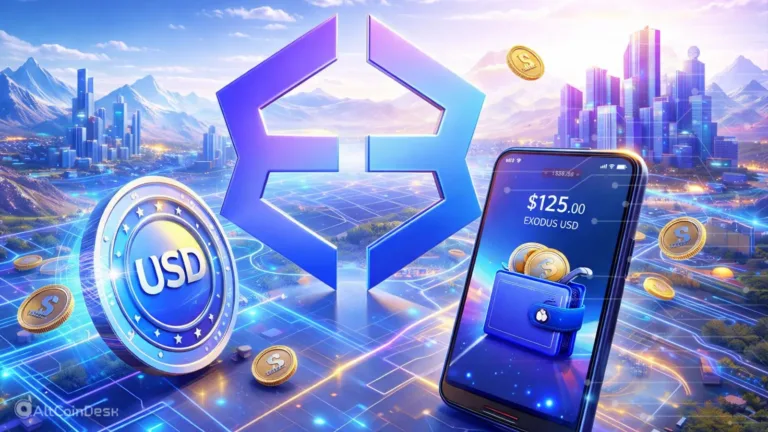 Exodus stablecoin launch visual showing Exodus Pay wallet with USD-backed digital assets and payments