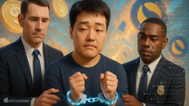 Illustration representing Do Kwon sentencing, showing a crypto founder in handcuffs flanked by U.S. Department of Justice agents.