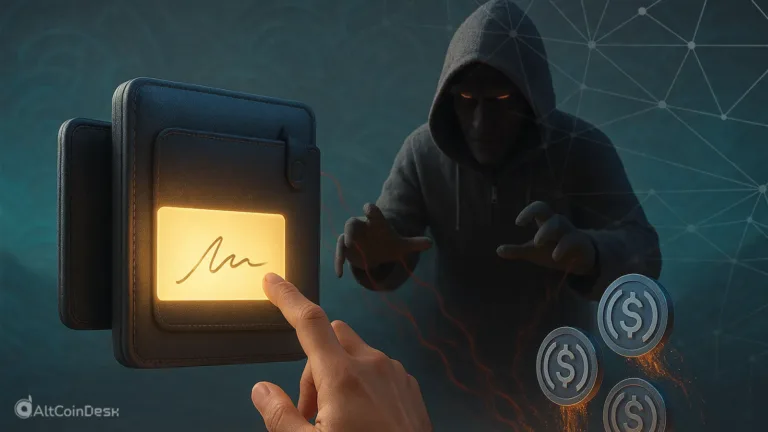 Illustration of Ethereum permit phishing scams showing a user signing a glowing wallet request while a hacker reaches for their funds.