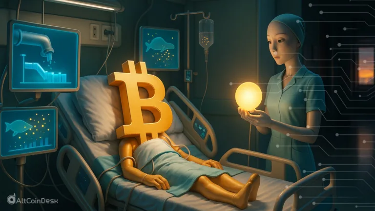 Bitcoin depicted in a hospital bed symbolizing the fragile December crypto market recovery.