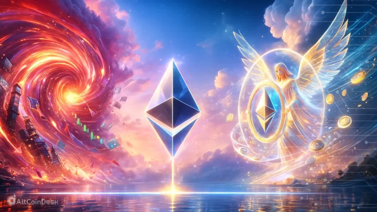 Ethereum price correction illustrated with a swirling market storm and an angelic figure guarding the Ethereum symbol.