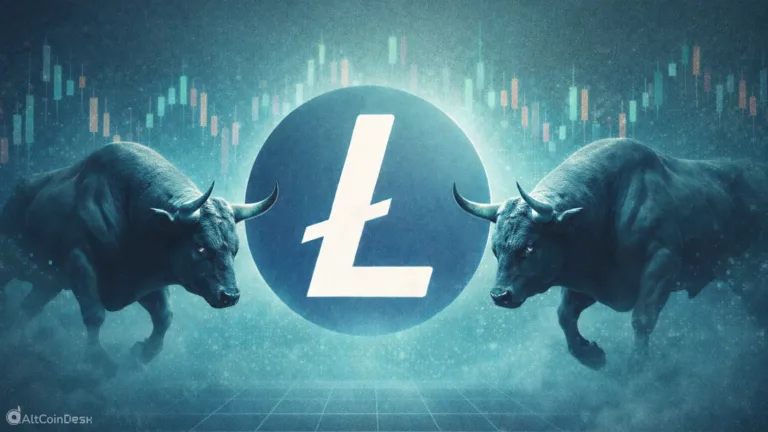 Litecoin 4-hour chart symbolized by opposing bulls around the LTC logo amid price volatility