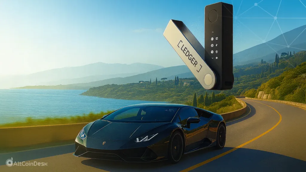 Lamborghini Ledger Stax hardware wallet shown with a Lamborghini driving along a scenic road.