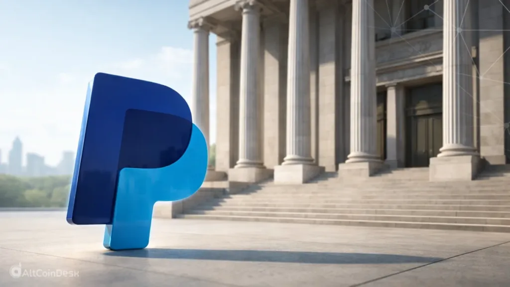 PayPal to expand into banking as the PayPal logo stands before a US financial institution building.
