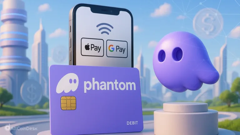 Phantom debit card shown with Apple Pay and Google Pay support alongside the Phantom wallet mascot.