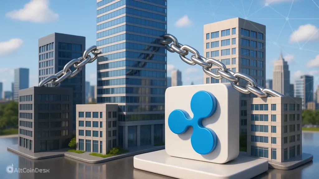 Ripple acquisitions illustrated with the Ripple logo linked across corporate buildings.