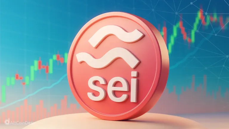 SEI token displayed in front of a market chart during SEI price analysis.