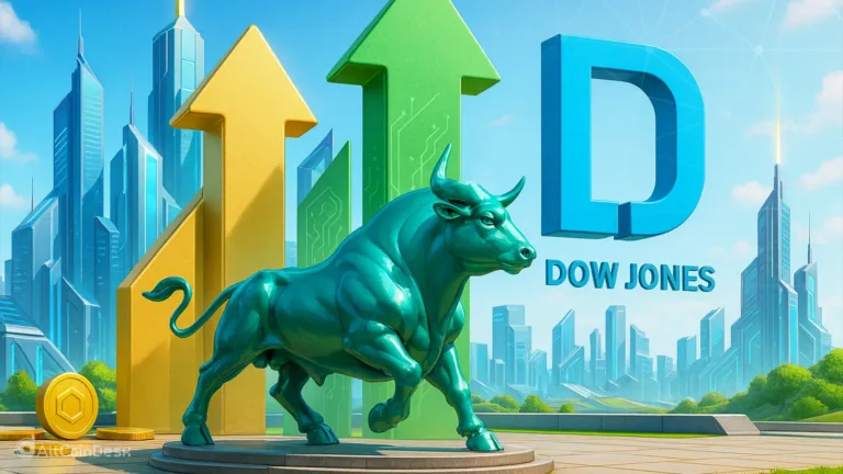 Bull statue with rising arrows symbolizing S&P 500 Dow Jones outperforms crypto.