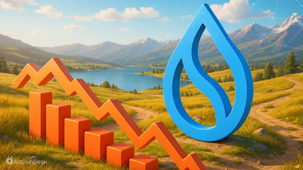 SUI 12-month low illustrated with a downward chart beside the SUI logo in a scenic landscape.