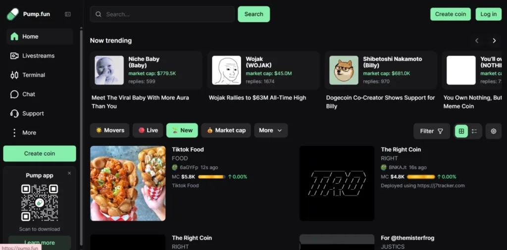 What are memecoins? A guide on how they work, risks, and challenges 2 Screenshot of Pump.fun interface
