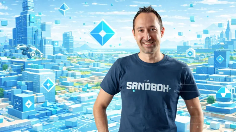 Sebastien Borget wearing a The Sandbox t-shirt, standing in a futuristic metaverse city background