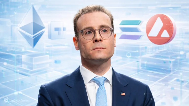 CFTC official pictured against a digital crypto and blockchain background