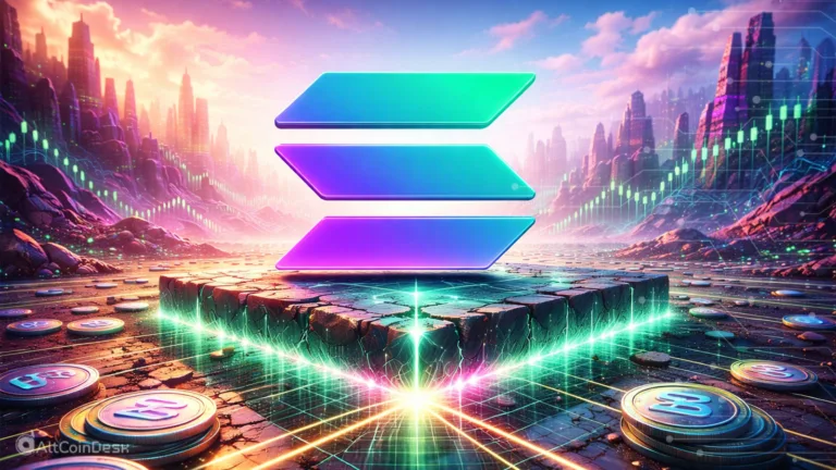 Solana logo hovering above a digital landscape with trading charts and market signals