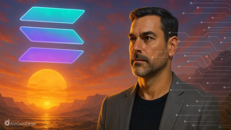 Solana Breakpoint highlights macro investor keynote with Solana logo, sunset backdrop, and blockchain-style digital visuals.