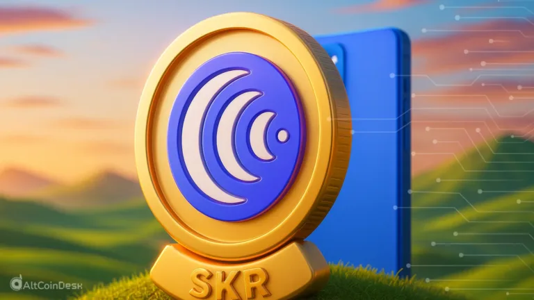 SKR token launch concept showing a digital SKR coin beside a Solana Mobile device.