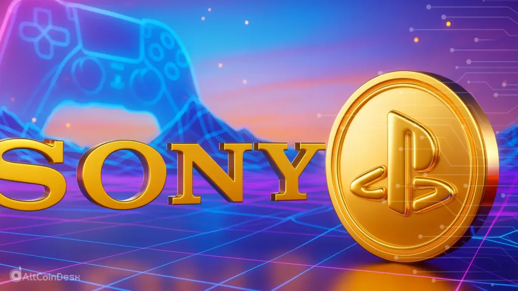Sony stablecoin launch illustrated with a golden PlayStation coin beside the Sony logo.