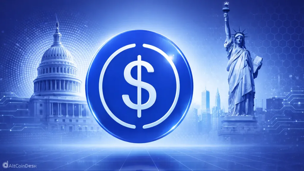 Stablecoin regulatory framework symbolized by a digital dollar between the US Capitol and Statue of Liberty