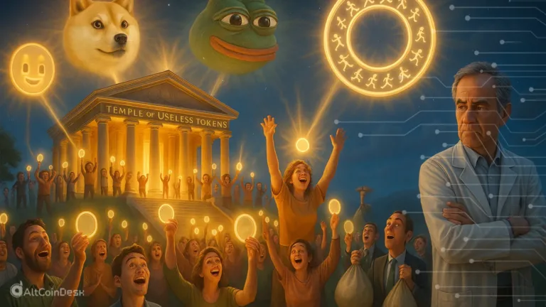 Why crypto token has value illustrated with crowds worshipping meme tokens at a glowing temple.
