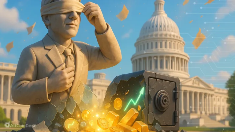 HONEST Act Congress trading ban illustrated by blindfolded lawmaker statue, U.S. Capitol, and crypto assets emerging from a vault