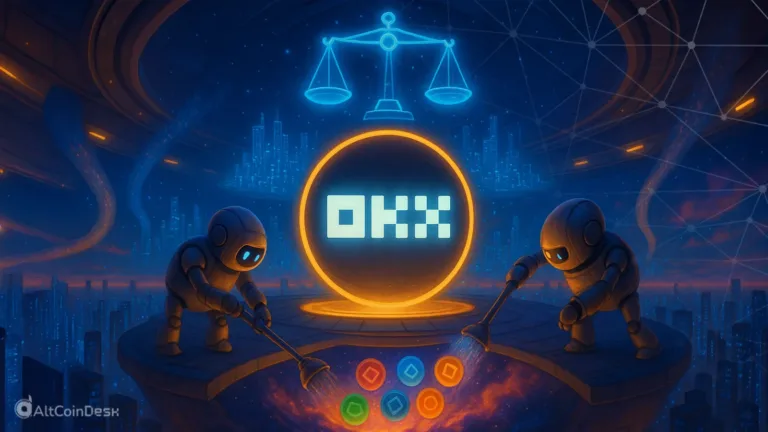 OKX delisting illustration showing robots sweeping altcoins beneath an OKX symbol.