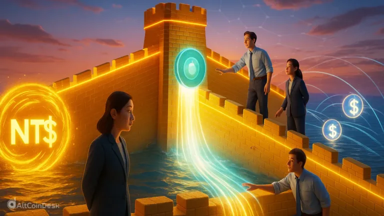 Illustration of Taiwan regulated stablecoin showing digital currency flowing through a protective wall.