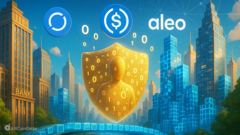 Illustration of the Circle Aleo partnership showing USDCx privacy shield over a digital cityscape.