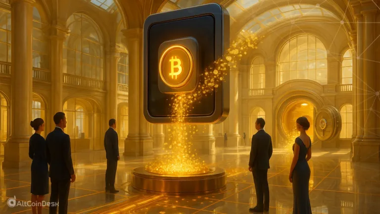 Symbolic scene of institutional crypto adoption with bankers observing a glowing Bitcoin display inside a grand financial hall.