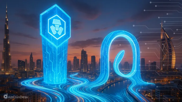 Illustration of the UAE crypto hub, showing Dubai’s skyline connected by glowing digital blockchain infrastructure.