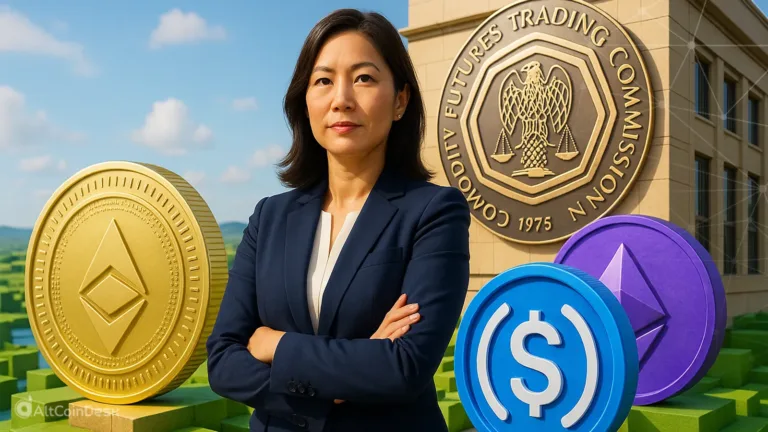 “CFTC's move to tokenized collateral shown with a CFTC official and crypto tokens outside the commission building.