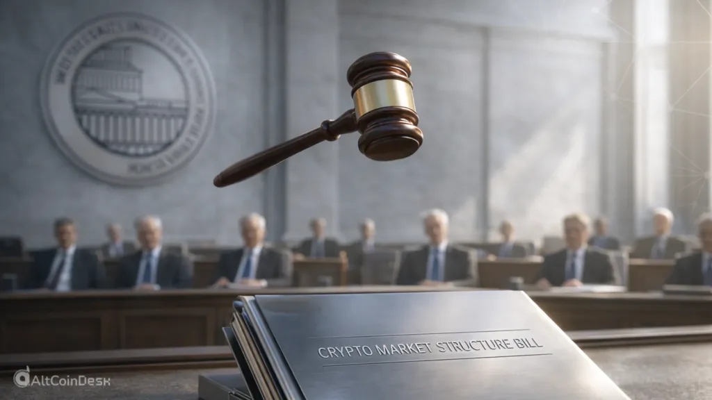Crypto market structure bill shown in a Senate hearing setting, highlighting US lawmakers and ongoing crypto regulations.