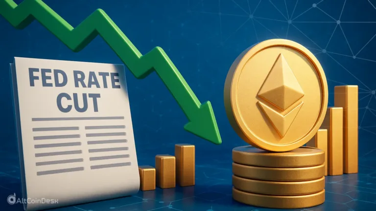 Graphic showing the third Fed rate cut with a downward arrow and Ethereum coin beside market bars.
