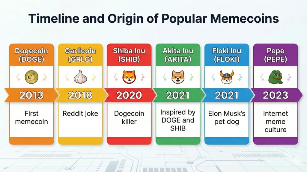What are memecoins? A guide on how they work, risks, and challenges 1 Timeline of Popular Memecoins